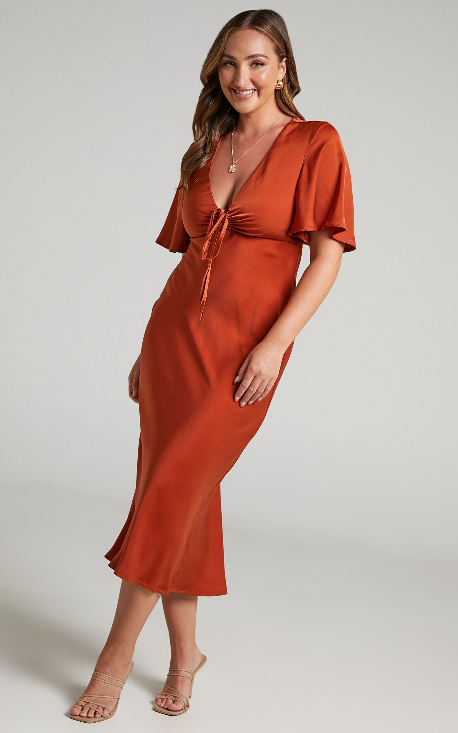 Nicholla Midi Dress - Ruched Front Angel Sleeve Slip Dress in Copper - 04, GLD6
