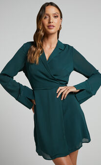 Amelle Mini Dress - Collared Long Sleeve Wrap Dress in Emerald