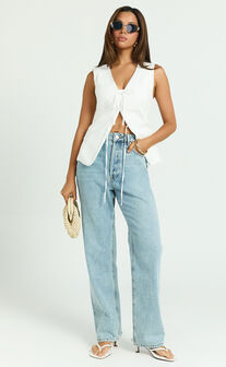 Katia Top - Tie Front V Neck Top in White