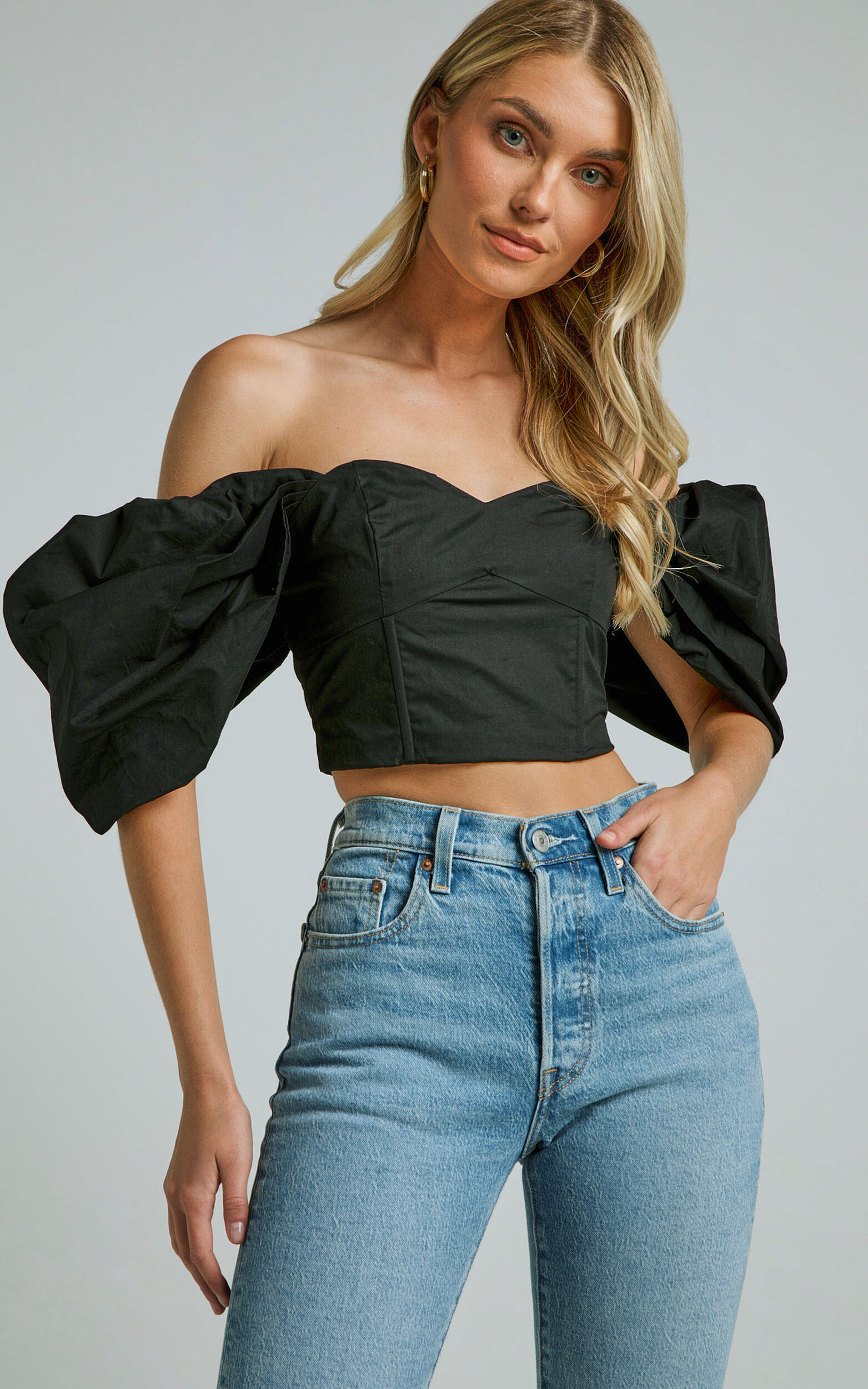 Shona Top - Off Shoulder Sweetheart Neck Puff Sleeve in Black - 06, BLK1