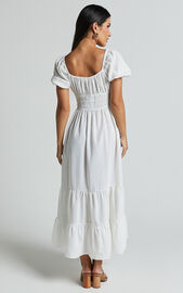 Claritza Midi Dress - Linen Look Short Puff Sleeve Square Neck Tiered Dress in White | Showpo USA
