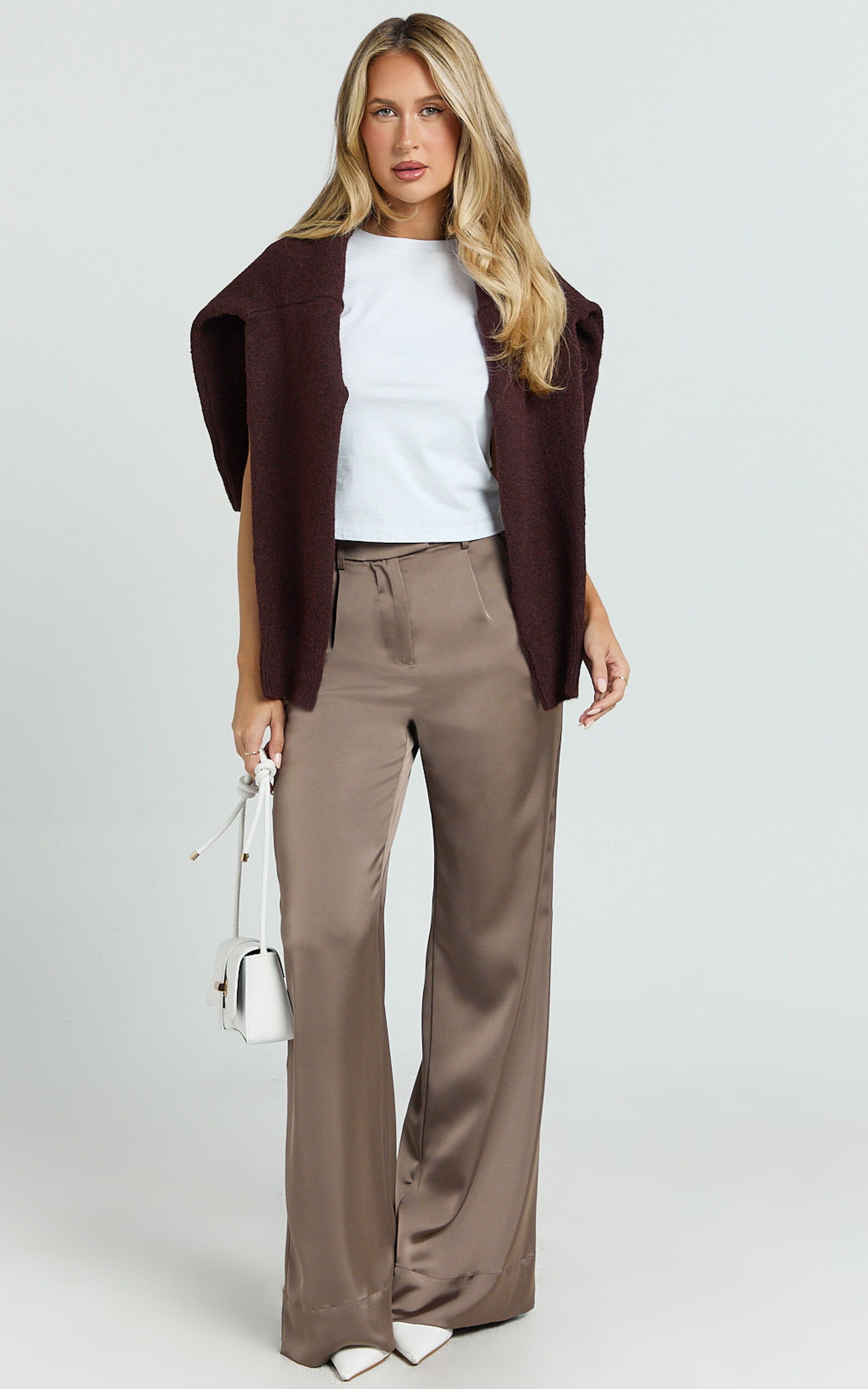 Cade Pants - Mid Waisted Front Pleat Satin Wide Leg Pants in Taupe - 06, BRN1