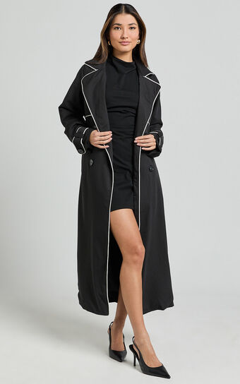 Anziel Coat - Double Breasted Longline Coat in Black