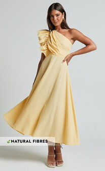 Dixie Midi Dress - Linen Look One Shoulder Ruffle Dress in Lemon