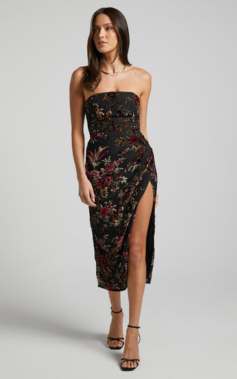Jessell Midi Dress - High Split Strapless Dress in Black Floral