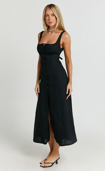 Cameron Midi Dress - Button Front Tie Back Dress in Black