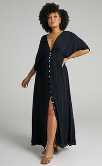 Sitting Pretty Midi Dress - Short Sleeve Button Down Dress in Black