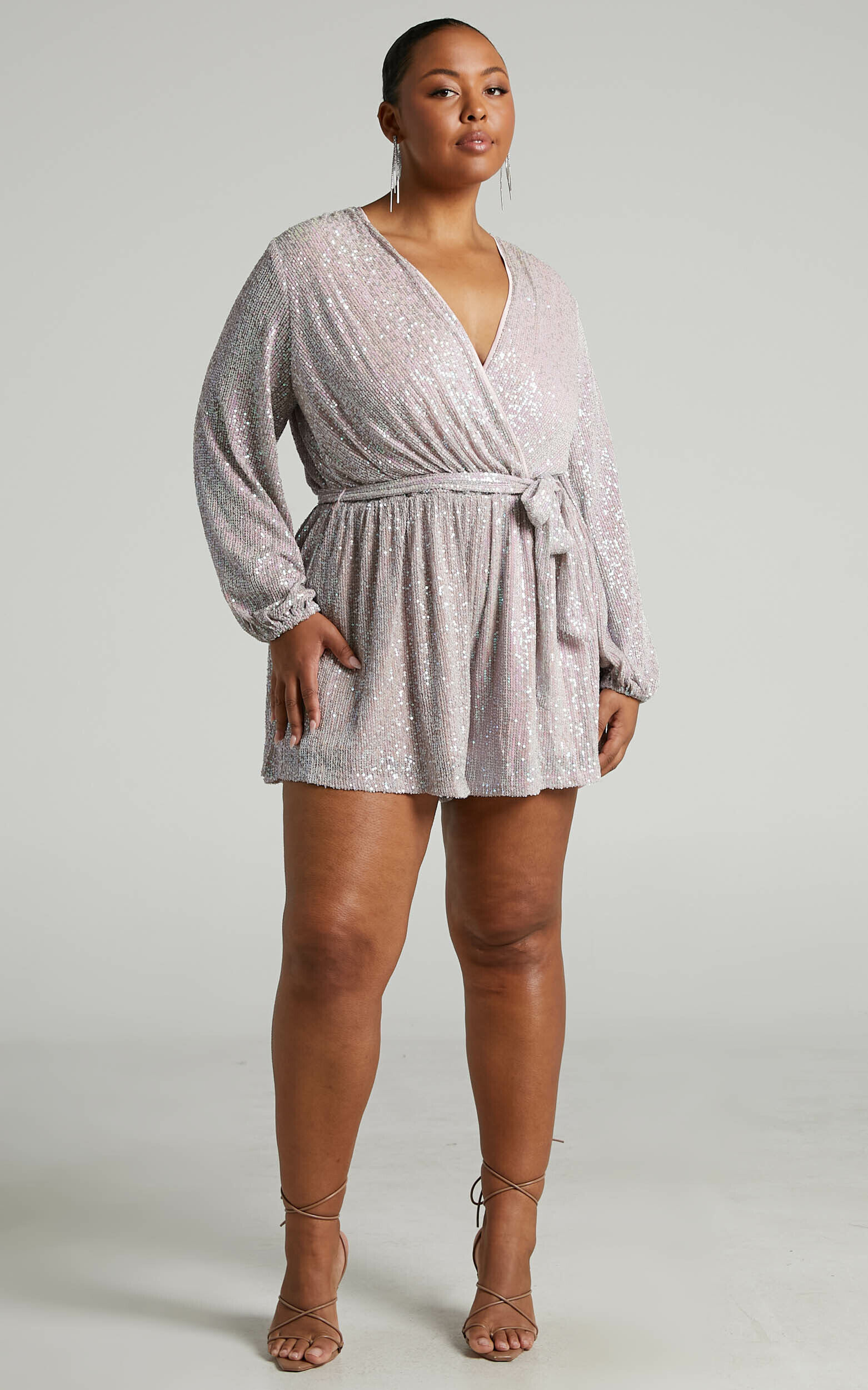 Jessen Playsuit Tie Waist Balloon Sleeve Playsuit in Blush
