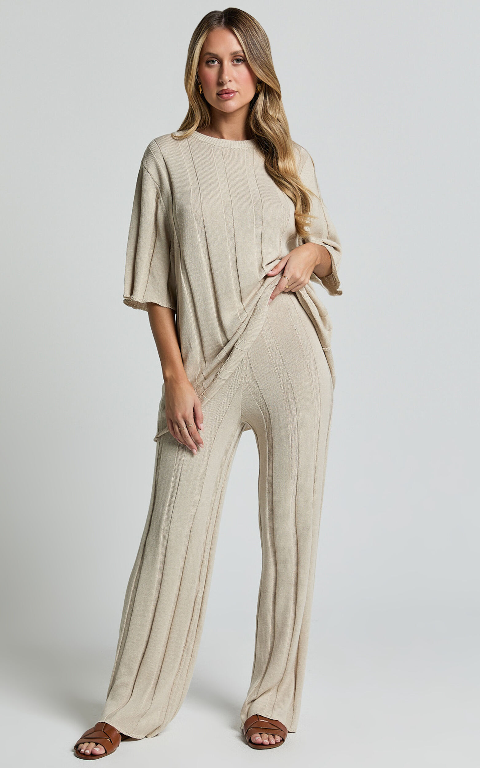 Alda Pants - Relaxed Flare Leg Knit Pants in Cream - L/XL, CRE1