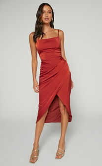 Dazzling Lights Midi Dress - Cowl Neck Draped Dress in Copper Satin