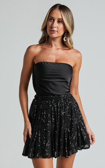 Aurelie Mini Skirt - Elasticated Sequin Skater Skirt in Black