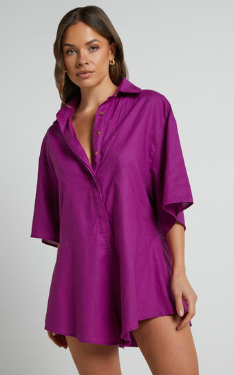 Ankana Playsuit - Short Sleeve Relaxed Button Front Playsuit in Magenta