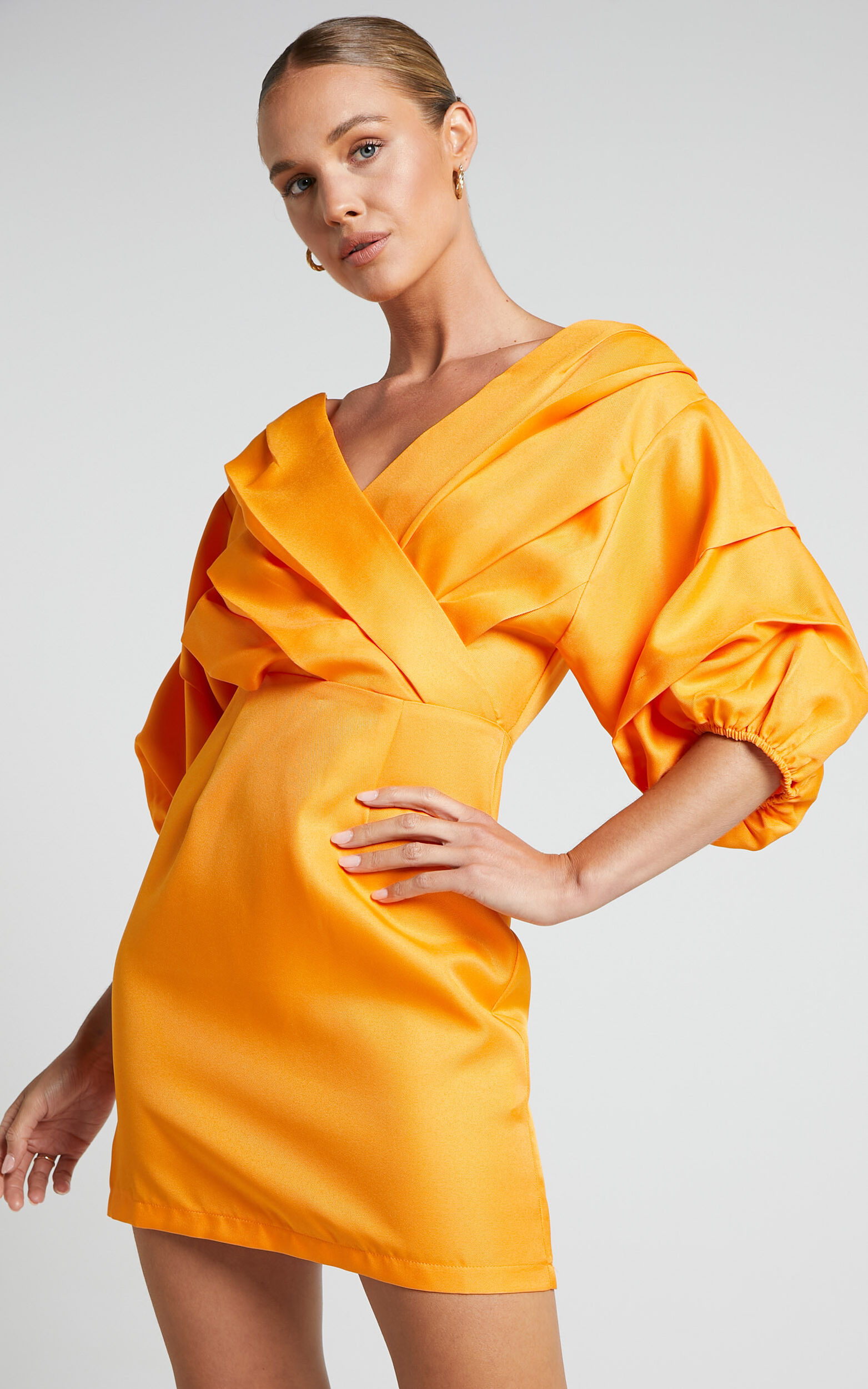 Anastasija Mini Dress - Off Shoulder V Neck Dress in Mango - 06, ORG1