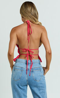 Kaiden Top - Halter Neck Backless Ruched Top in Red