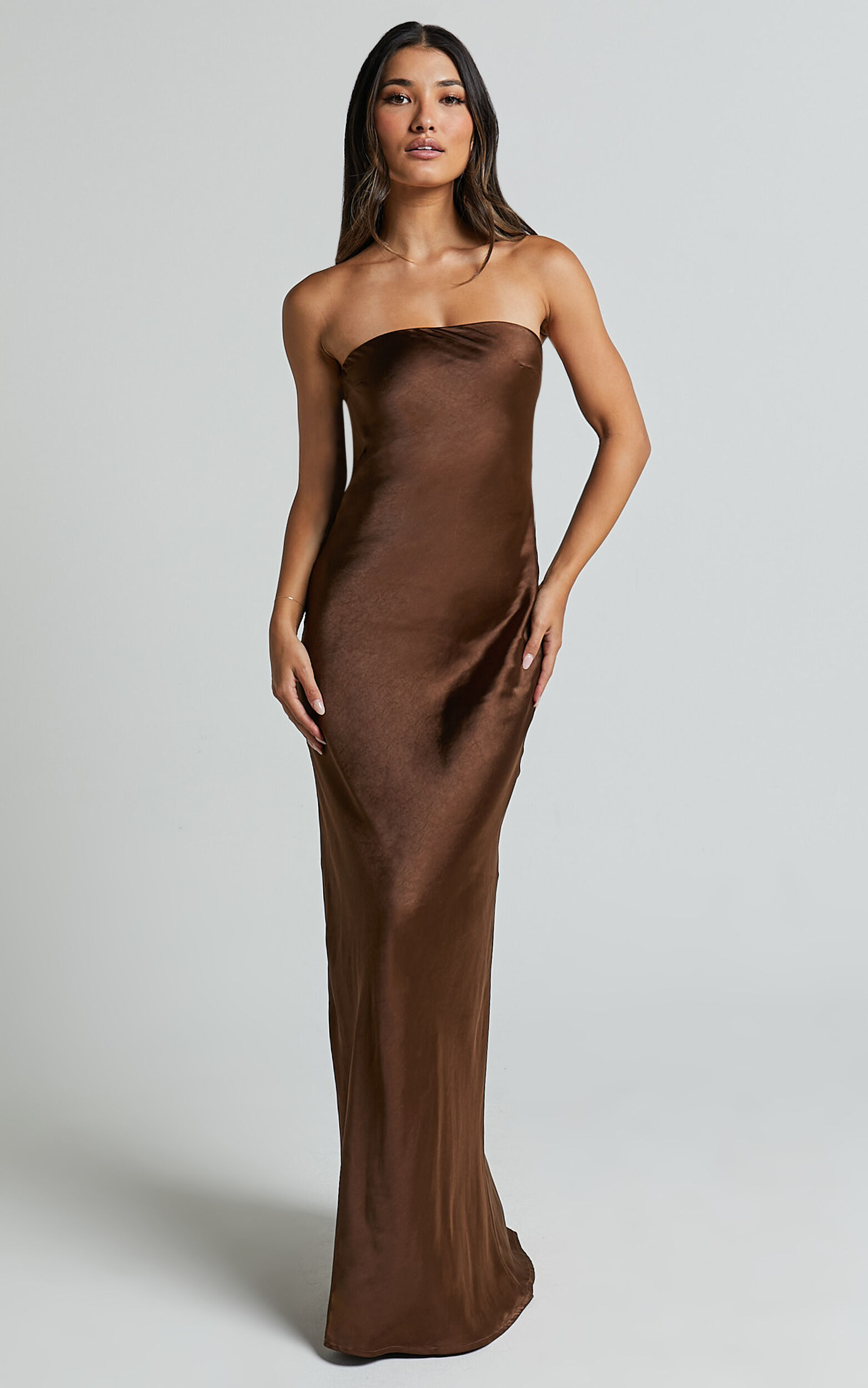 Charlita Maxi Dress Strapless Cowl Back Satin Dress in Chocolate