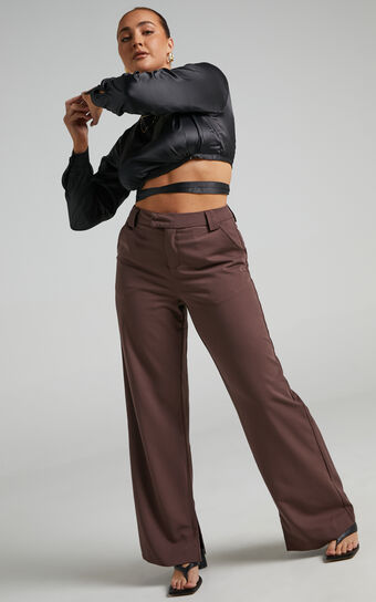Sabra Tailored Pants - Straight Leg Side Split Pants in Chocolate