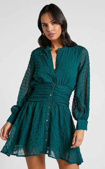Pippie Mini Dress - Ruched Waist Long Sleeve Textured Dress in Emerald