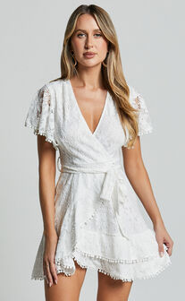 Andi Mini Dress - V Neck Short Sleeve Wrap Dress in White