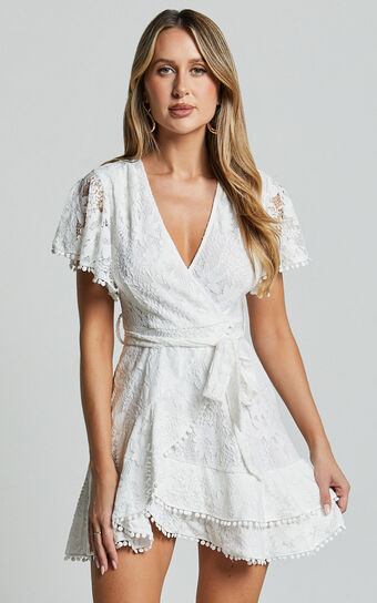 Andi Mini Dress - V Neck Short Sleeve Wrap Dress in White