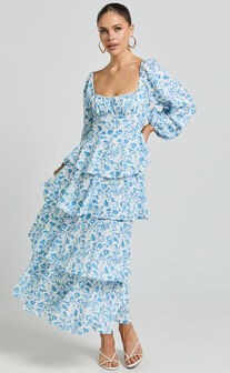Wendy Midi Dress - Sweetheart Long Sleeve Layered Dress in Blue Floral