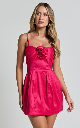 Amberle Mini Dress - Strappy Rosette Detail Bodice Dress in Raspberry