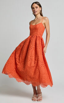 Gabriella Midi Dress - Strappy Gathered Skirt Embroidered Dress in Orange