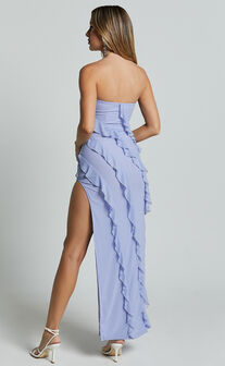 Alyssa Midi Dress - Strapless High Slit Ruffle Detail Dress in Soft Blue