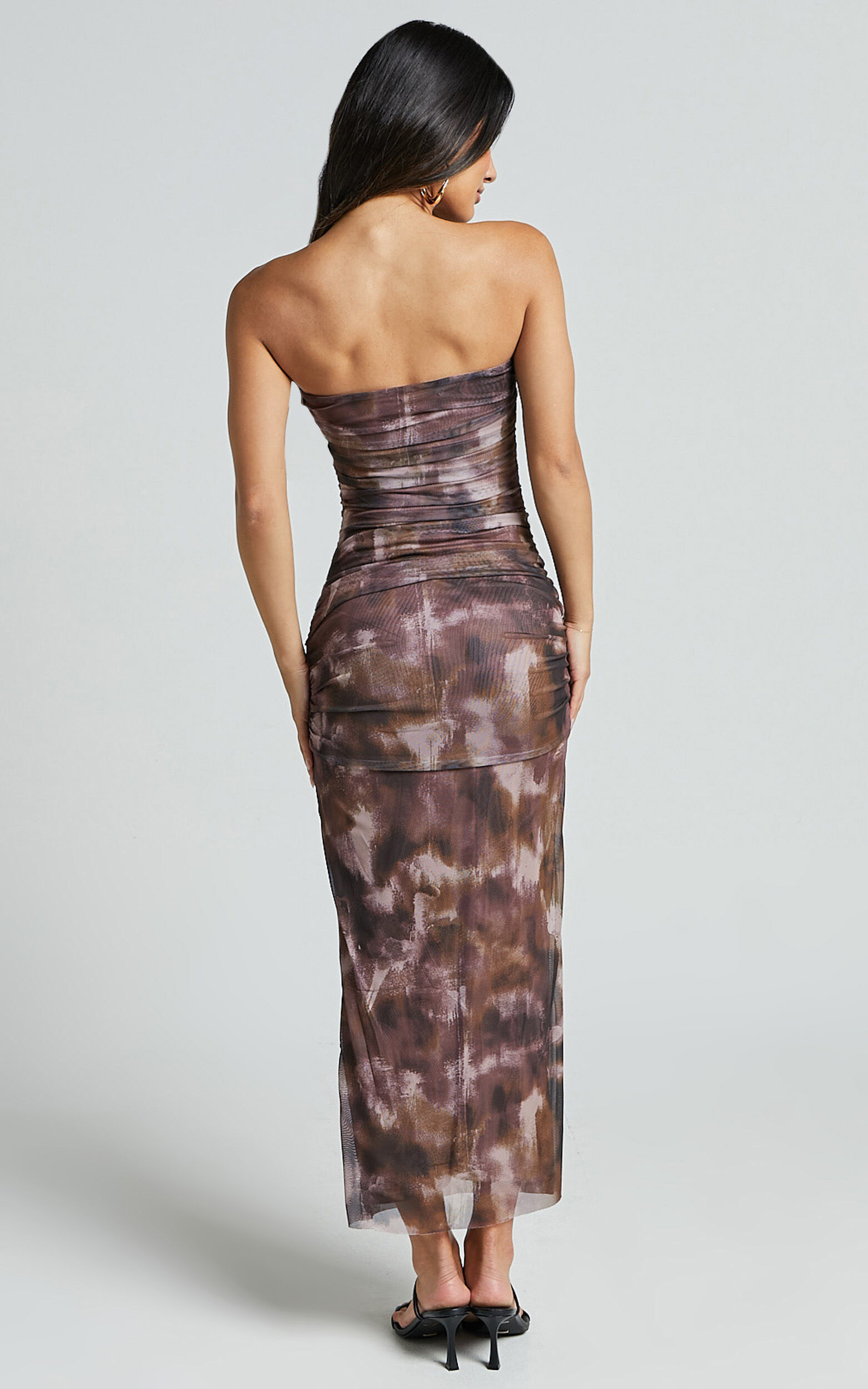 Yazmin Midi Dress Strapless Ruched Mesh Slip Dress in Rustic Haze Print Showpo EU