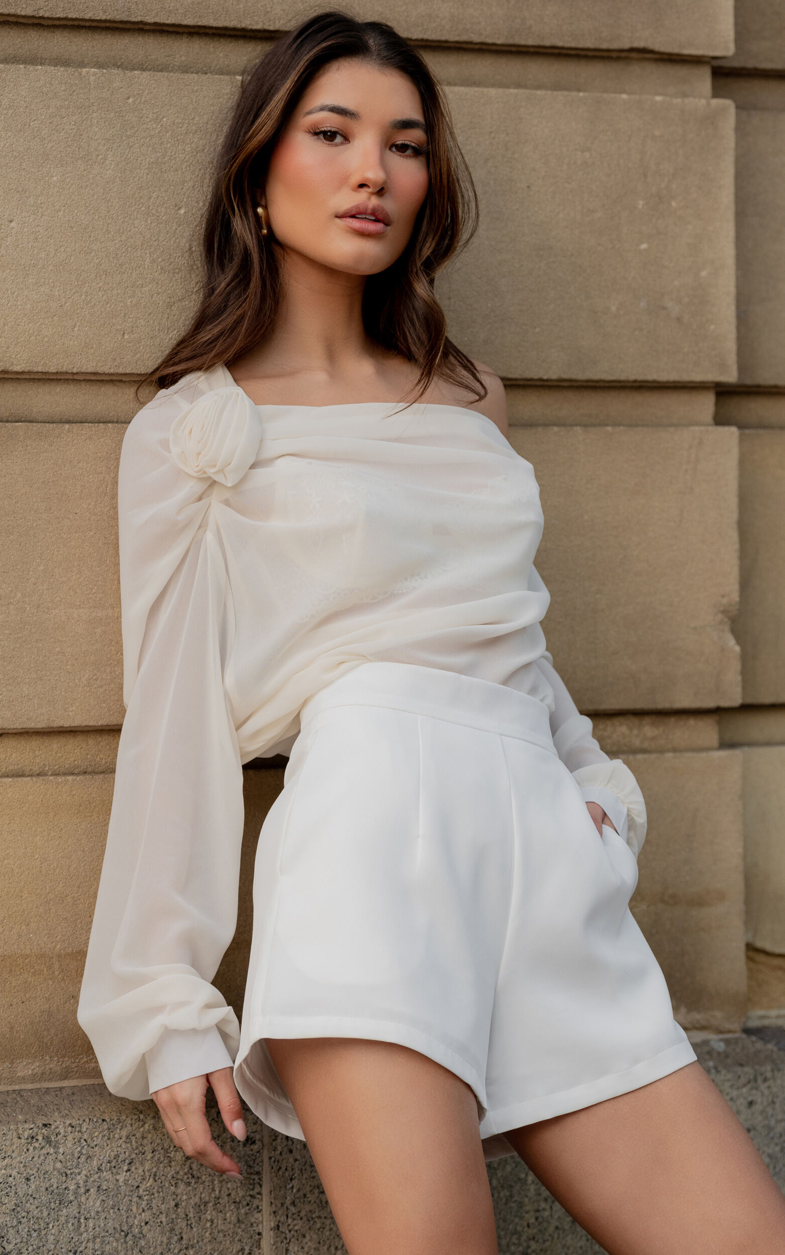 Terry Top - One Shoulder Rosette Detail Gathered Top in Cream - S, CRE1