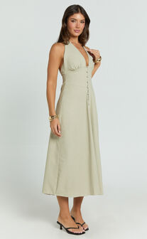Beata Midi Dress - Plunge Halter A-Line Dress in Sage