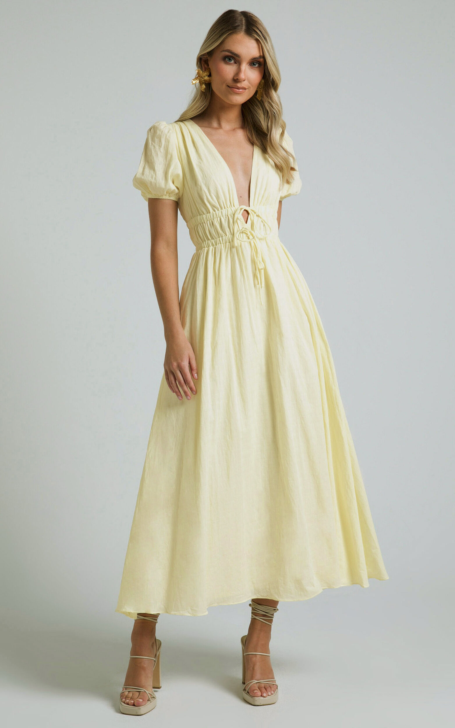 Portofino Midi Dress - V Neck Puff Sleeve Dress in Yellow - 06, YEL1