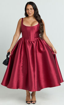 Courtney Midi Dress - Corset Panel Low Back Dress in Wine
