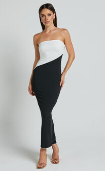 Hayley Midi Dress - Strapless Bodycon Dress in Black/White