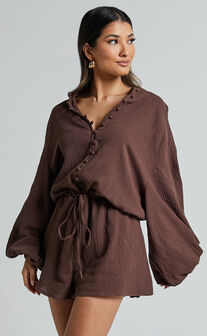Laylani Playsuit - V Neck Puff Sleeve in Chocolate