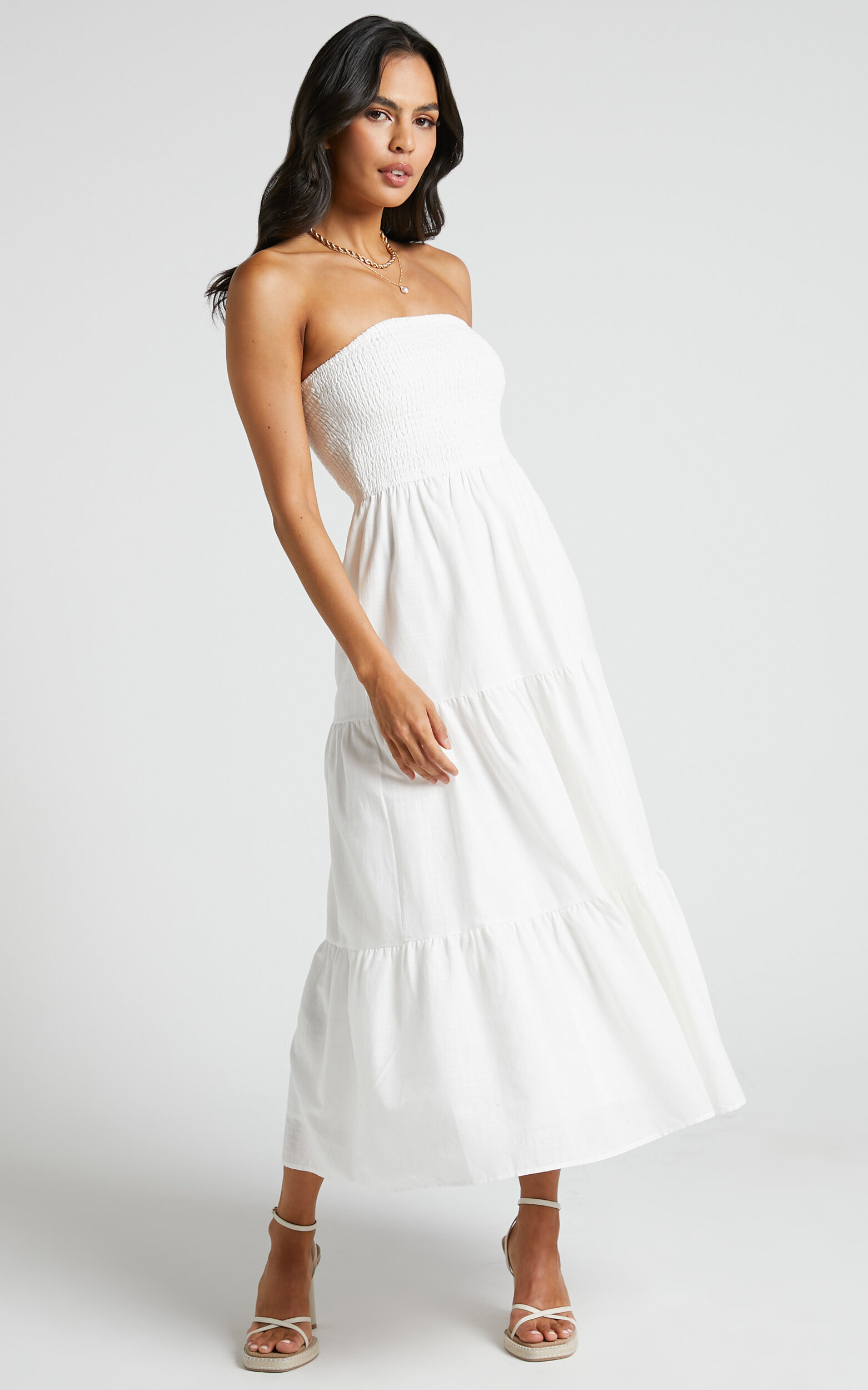 Zoe Midi Dress Strapless Shirred Bodice Tiered Dress in White