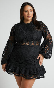 Kiss Me Now Mini Dress - Long Puff Sleeve Dress in Black Lace