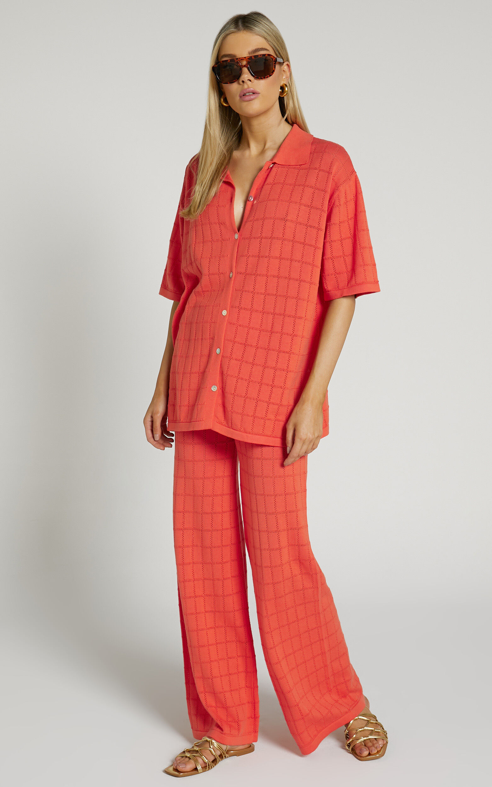 Tommy Two Piece Set - Knit Button Through Top and Pants Two Piece Set in Coral - 04, PNK4