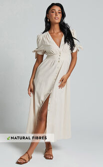 Avegail Midi Dress - V Neck Button Through Short Sleeve Dress in Bone