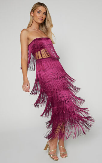 Amalee Two Piece Set - Fringe Strapless Crop Top and Midi Skirt Set in Mulberry
