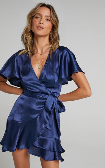 All I Want To Be Mini Dress - Ruffle Wrap Dress in Navy Satin