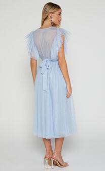 Laura Midi Dress - Short Flutter Sleeve V Neck Thigh Split Dress in Ice Blue