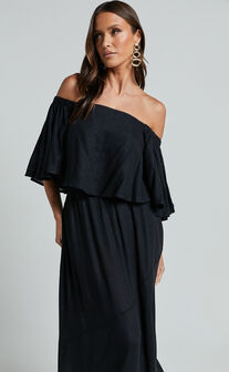 Amalie The Label - Juletta Linen Blend Flutter Sleeve Top and Midi Skirt Two Piece Set in Black