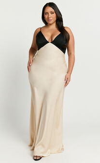 Quincy Maxi Dress - Satin Slip Dress in Black/Champagne