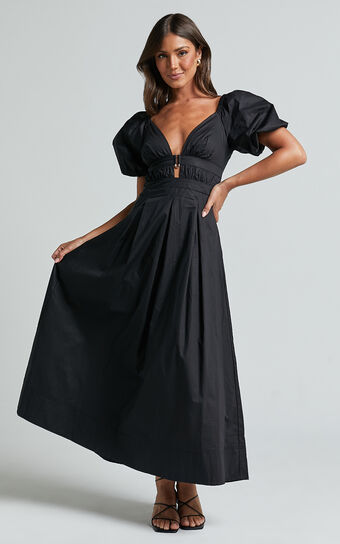 Eva Maxi Dress - Plunge Neck Puff Sleeve Cotton Poplin Dress in Black