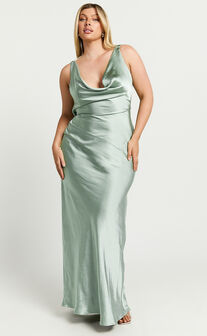 Adilah Maxi Dress - Cowl Neck Satin Dress in Pistachio