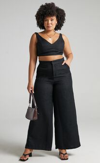 Abela Two Piece Set - Crop Top and Wide Leg Pants Set in Black