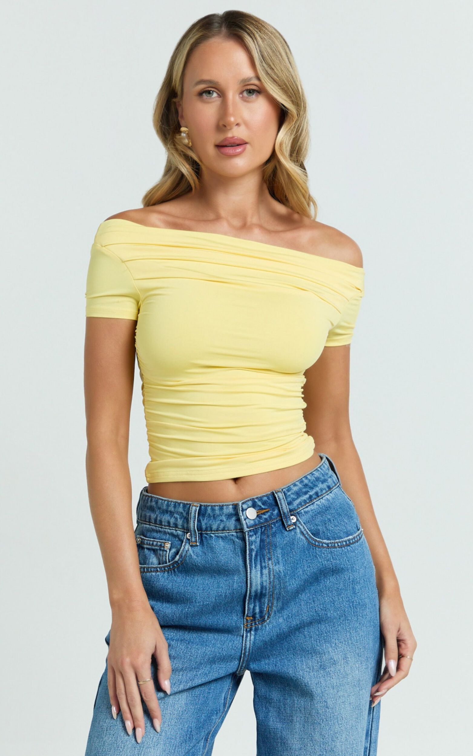 Gena Top - Off Shoulder Gathered Short Sleeve Top in Pastel Yellow - 06, YEL1