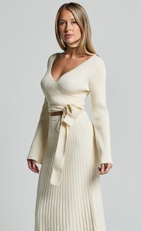 Andreia Midi Dress - Knitted Wrap Long Sleeve Dress in Cream