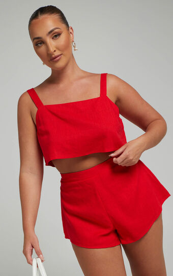 Zanrie Two Piece Set - Linen Square Neck Crop Top and High Waist Mini Flare Shorts Set in Red