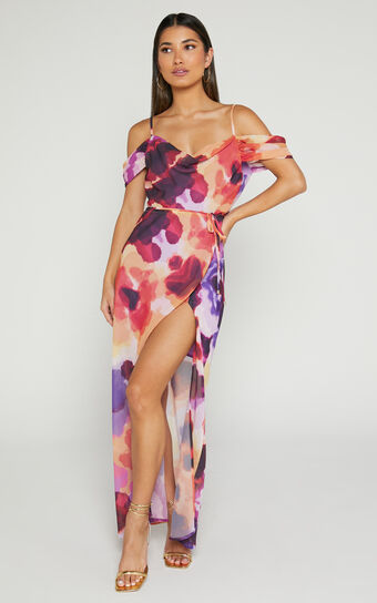Keira Midi Dress - Draped Off the Shoulder Dress in Watercolour Floral